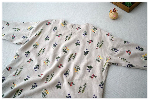 リネン100％花総刺繡ポケット付シンプルな大人可愛い七分袖ワンピース♪ 6枚目の画像