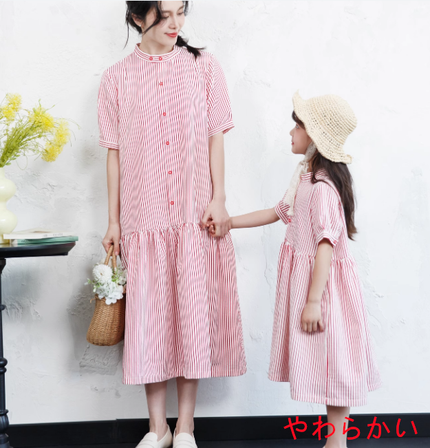 2025夏服新型赤ストライプコットンゆったり雌婦人服/ハイエンド甘め親子服ワンピース