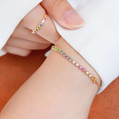 Qs'B◆淡水パール×マルチカラーサファイア2連ブレスレット✧春色 Qs'B◇淡水パール×マルチカラーサファイア2連ブレスレット✧春色