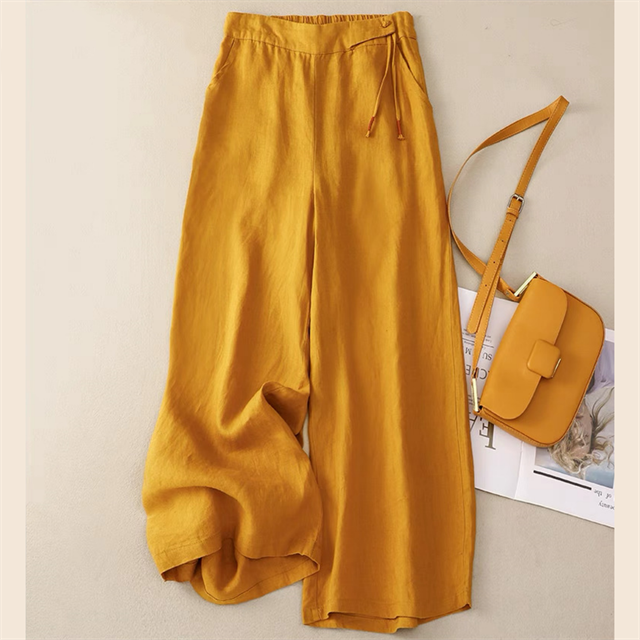 大人っぽ上品綿麻ワイドパンツ 背面ゴム 快適 こなれ感 ストレッチ ルーズ イージー