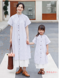2025サマーウェア新型白ストライプ文芸リゾート母婦人服親子服シャツワンピース
