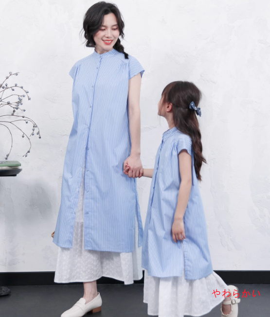 2025サマーウェア新文芸ハイエンド純綿親子服/ブルーストライプシャツワンピース母女装