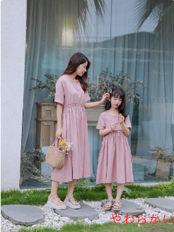 2025夏服新型ピンクレディー親子服ワンピース/純綿ゆったり韓国版文芸母婦人服
