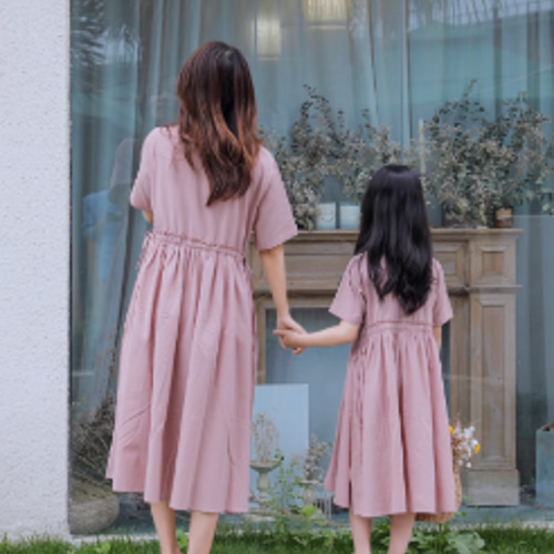 2025夏服新型ピンクレディー親子服ワンピース/純綿ゆったり韓国版文芸