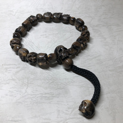 在銘 髑髏作家服部【泡末夢幻】鹿角製 髑髏根付 巾着+根付紐+共