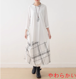 2025春新作オリジナルデザイン文芸小清新レトロゆったりキルティング綿格子不規則ロングワンピース