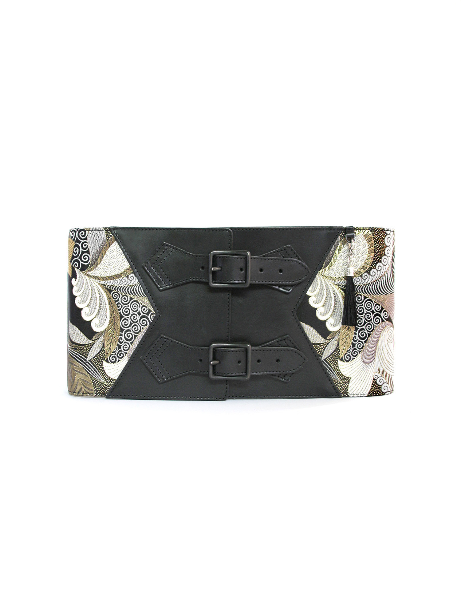 「孔雀羽文/太」コルセット帯ベルト｜名入れ可能｜カジュアル着物｜西陣織金襴×革・粋和モダン・和洋折衷・簡単装着