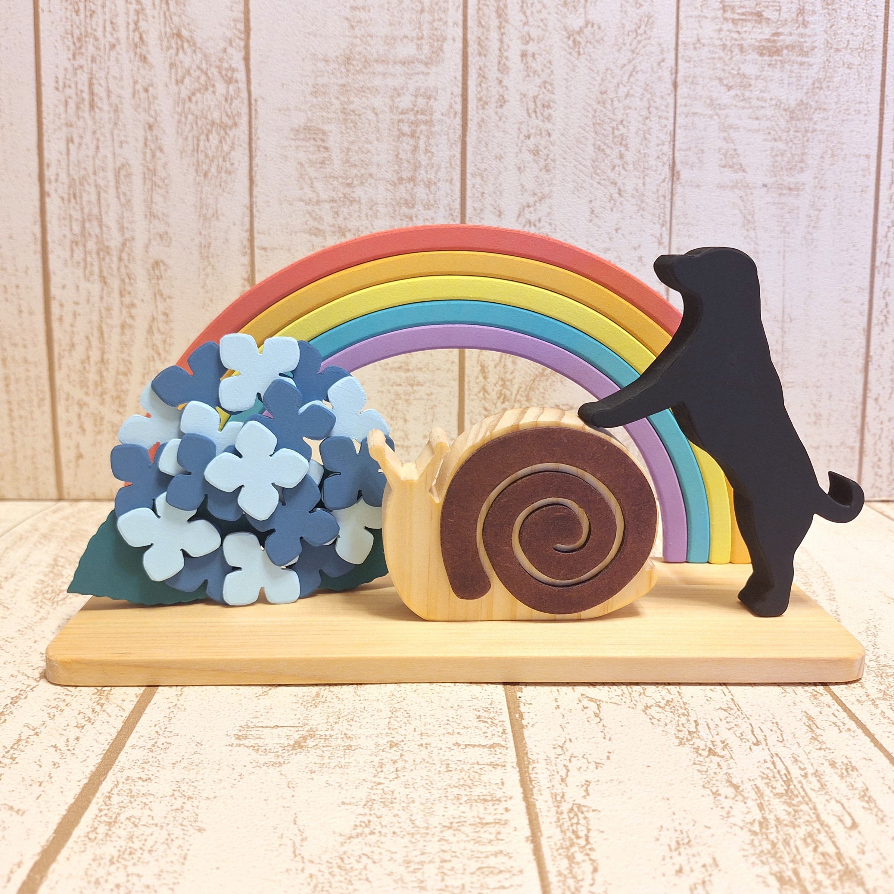 受注制作☆色付き!!!梅雨☆虹と紫陽花とカタツムリとラブラドールレトリバーの置物☆紫陽花三色選択可能☆動物変更可能！