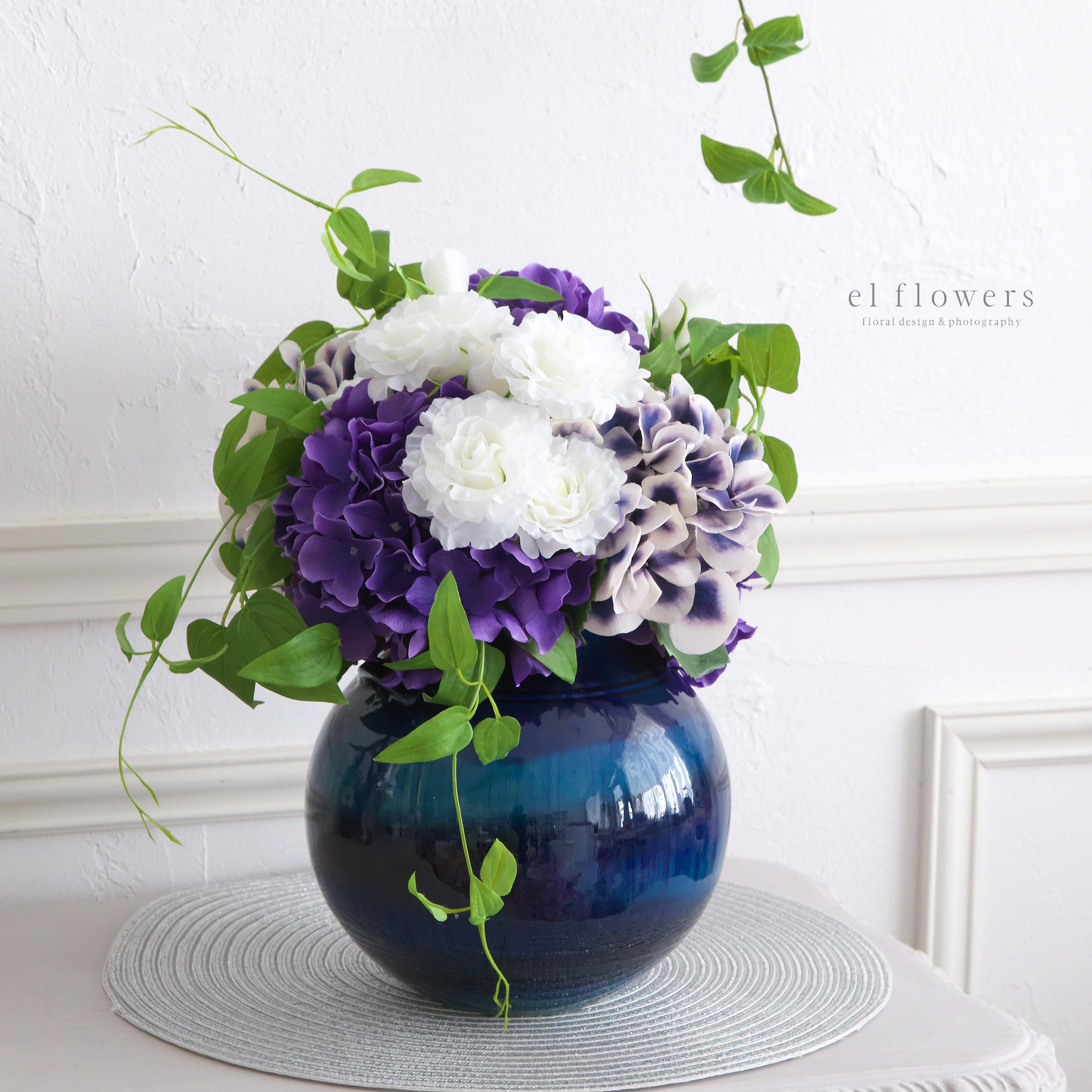 清風あじさいアレンジブーケ・瑠璃楽花瓶・プレースマット付【送料無料】