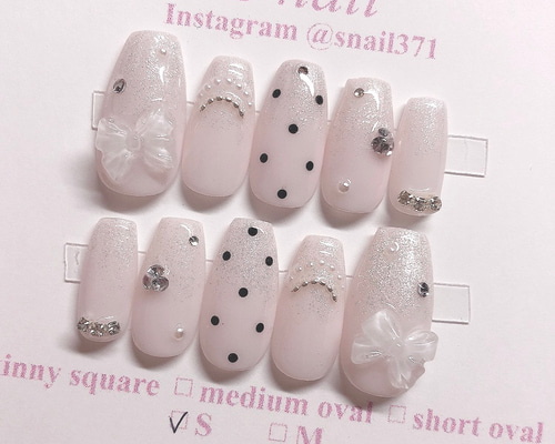 ネイルチップ ピンクベージュ ドット リボン フレンチガーリー ネイル