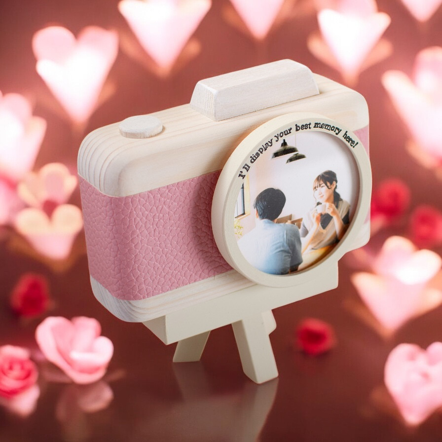 冬限定2025【両親へ贈る】ありがとうを伝えるフォトフレーム｜ピンク×木製カメラ型・名入れ可能