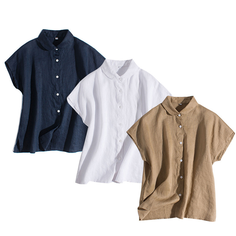 可愛い襟リネンシャツ　シンプルリネン半袖シャツ　3色　S-Lサイズ　L633