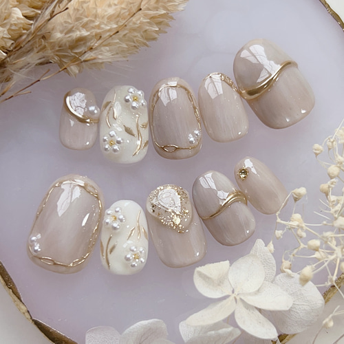 ニュアンスネイル ブラウン ワンホン ミラー マグネット 花 成人式