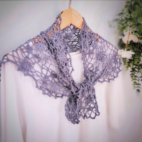 コットンリネン│花咲くモチーフ編み 台形三角ストール EMIM Bloom 紫