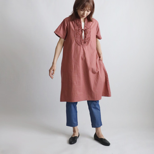 ラスト1 最終SALE 上質ギマ擬麻コットン 胸元フリル リボン付