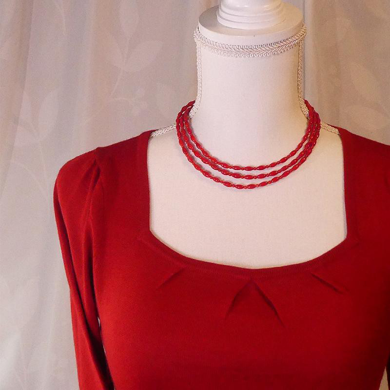 レトロ珊瑚　超ロングネックレス「赤の誘惑」　ピアスセット　染め珊瑚　赤い珊瑚　レトロクラシカル  昭和100年