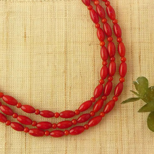 レトロ珊瑚 超ロングネックレス「赤の誘惑」 ピアスセット 染め珊瑚