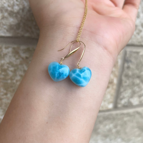 天然無処理 ラリマー ハート ピアス k18 ピアス（フック・チェーン  