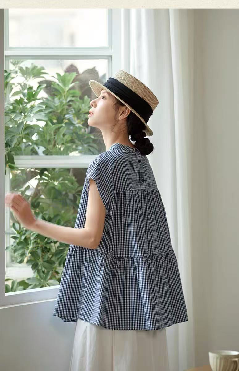 チェック柄ブラウス　フレンチスリーブブラウス