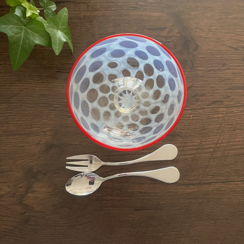 セット＞大正時代 水玉紋様 氷コップ 赤 ＋ クロスハート スプーン