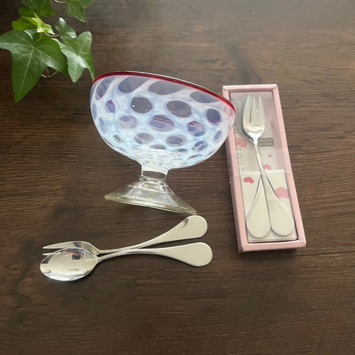 セット＞大正時代 水玉紋様 氷コップ 赤 ＋ クロスハート スプーン