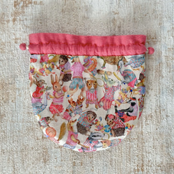 【S】内袋が２部屋に分かれていて便利♪『LIBERTY＆ハーフリネンの巾着袋』ハラバルー（ピンク）／ショッキングピンク 5枚目の画像