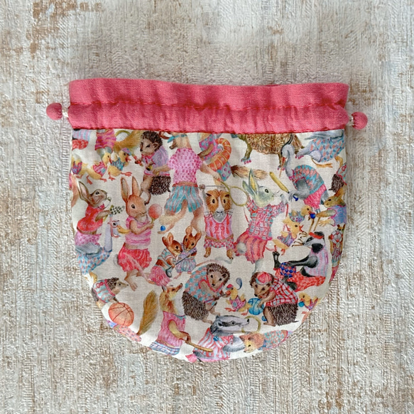 【S】内袋が２部屋に分かれていて便利♪『LIBERTY＆ハーフリネンの巾着袋』ハラバルー（ピンク）／ショッキングピンク 5枚目の画像