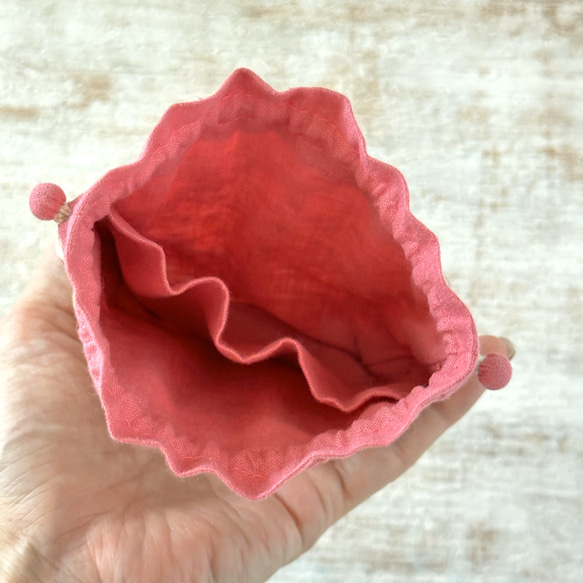 【S】内袋が２部屋に分かれていて便利♪『LIBERTY＆ハーフリネンの巾着袋』ハラバルー（ピンク）／ショッキングピンク 2枚目の画像