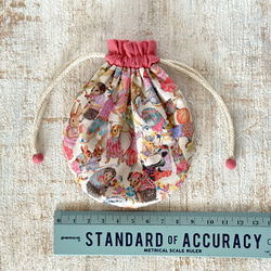 【S】内袋が２部屋に分かれていて便利♪『LIBERTY＆ハーフリネンの巾着袋』ハラバルー（ピンク）／ショッキングピンク 3枚目の画像