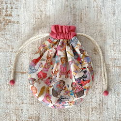 【S】内袋が２部屋に分かれていて便利♪『LIBERTY＆ハーフリネンの巾着袋』ハラバルー（ピンク）／ショッキングピンク 6枚目の画像