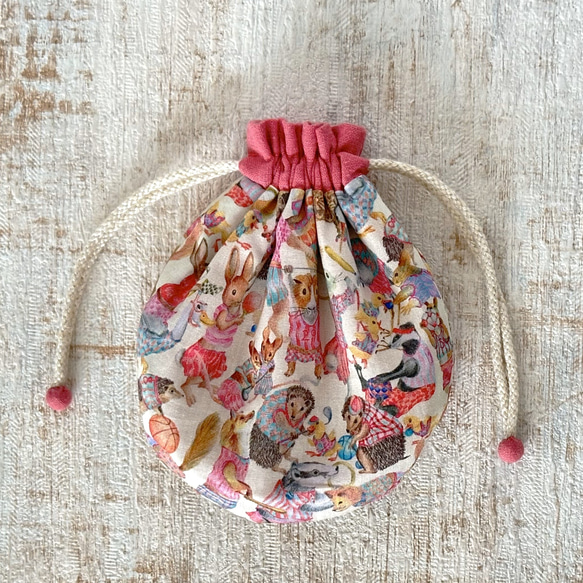 【S】内袋が２部屋に分かれていて便利♪『LIBERTY＆ハーフリネンの巾着袋』ハラバルー（ピンク）／ショッキングピンク 6枚目の画像