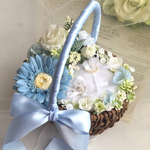 青いガーベラ♡ブルーのお花♡リングボーイ♡リングガール♡お花