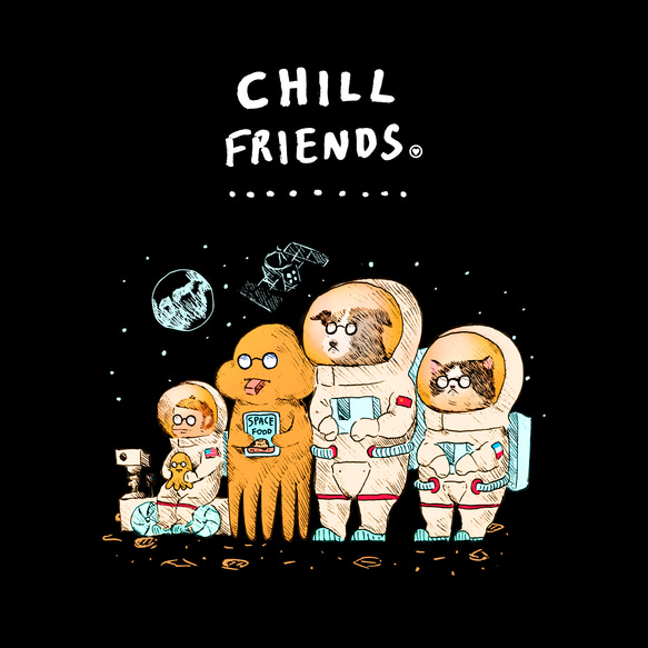 「CHILL FRIENDS 宇宙の旅」安心のクオリティ/定番コットンTシャツ/送料無料 2枚目の画像