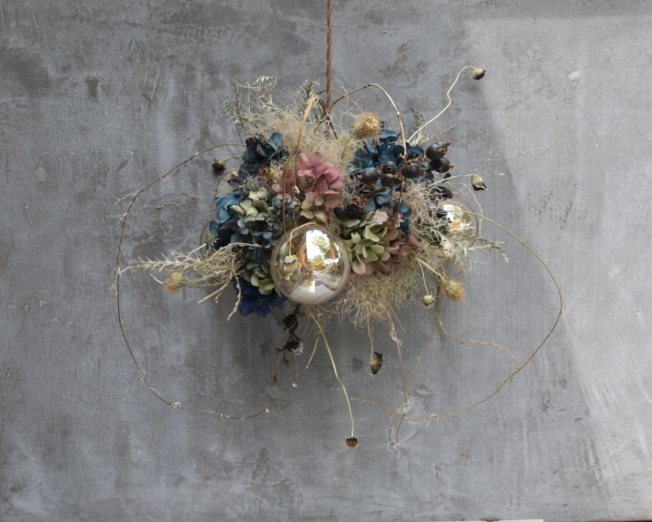 【光触媒コーティング済】再販×5 – アンティーク紫陽花のヴィンテージLEDドライフラワーライト ―