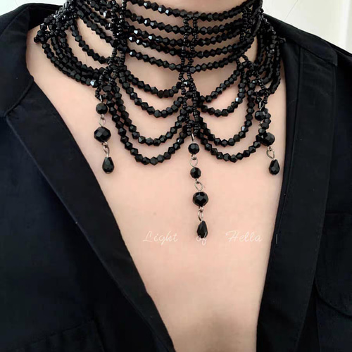 黒い ブラック ゴシック 編み ビーズ ネックレス チョーカー