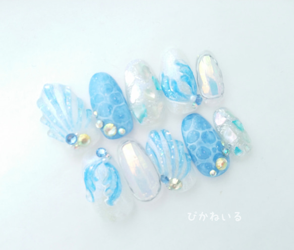 ブルーマーメイド　人魚の尻尾　うるうる夏ネイルチップ 1枚目の画像