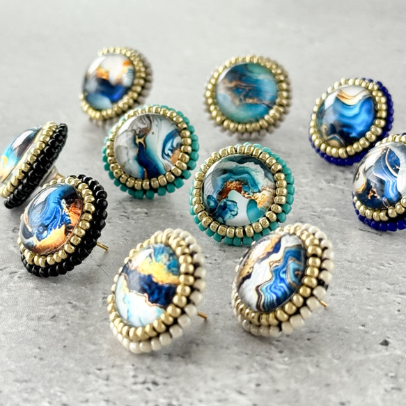 1点限り☆【ピアス】コットンパール×マーブル柄ビーズ ブルー 夏 秋 海