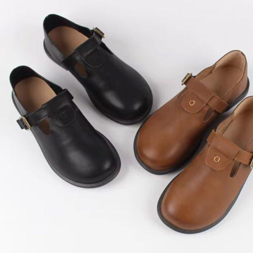 【極美品】 R.U. アニー ストラップシューズ 38 ブラウン カーフレザー サヤ SAYA フラット本革プラット製法Tストラップシューズ （ブラウン