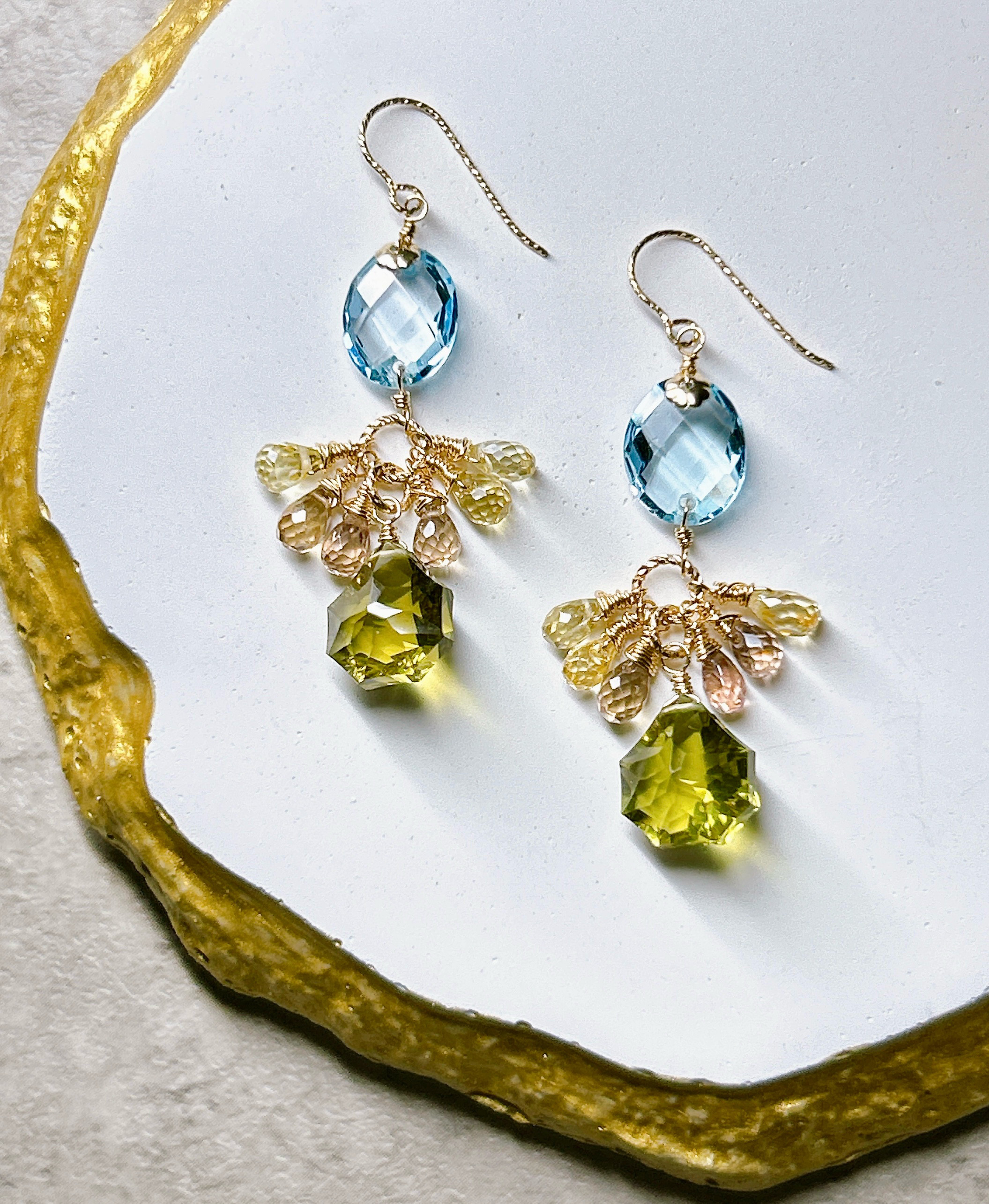 一点物14kgf☆極上カット‼︎ブルートパーズとオリーブクォーツのアンティークカラーピアス