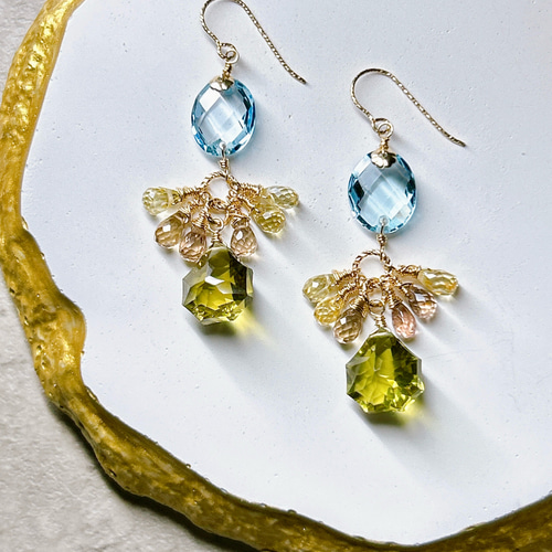 14kgf クォーツとガーネットのピアス 14kgf オリーブクォーツ 14kgf