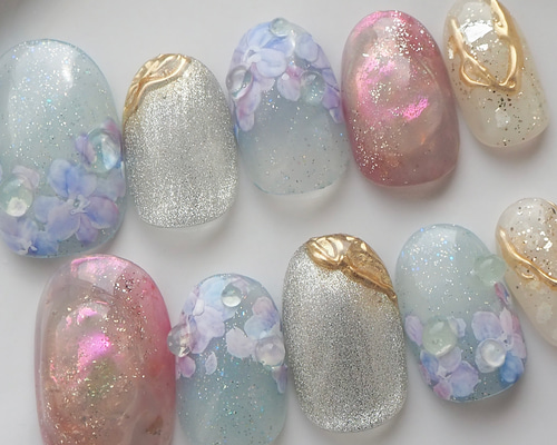 紫陽花ネイルチップ フラワーネイル マグネットジェル ぷっくり