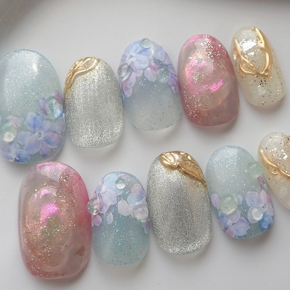 紫陽花ネイルチップ フラワーネイル マグネットジェル ぷっくり
