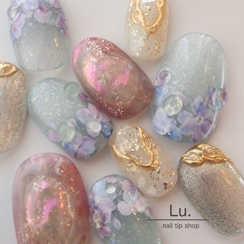 ネイルチップ　マグネットネイル　ニュアンスネイル　シェルネイル 紫陽花ネイルチップ フラワーネイル マグネットジェル ぷっくり