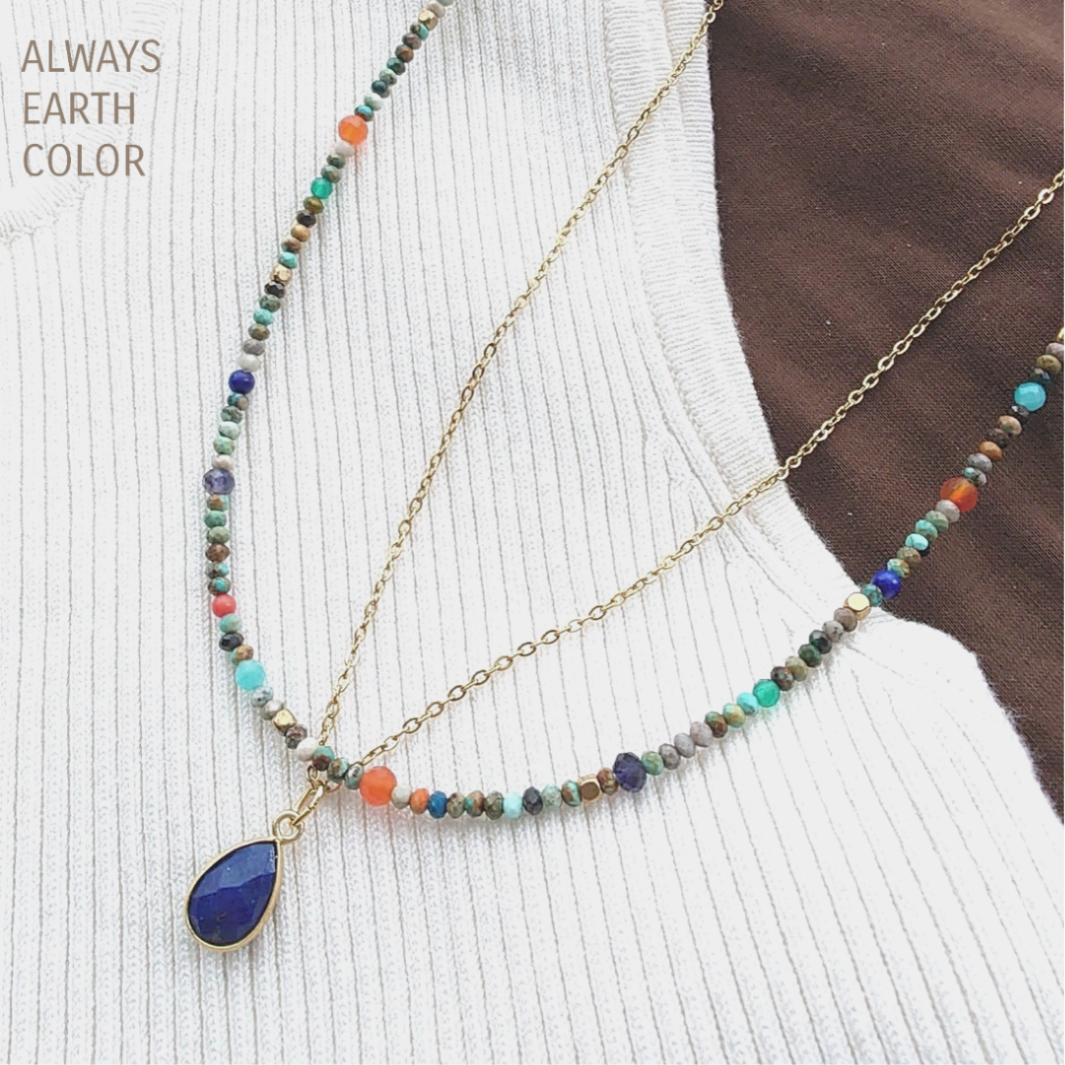 人気♪天然ターコイズとカラフル天然石のネイティブネックレス♡ラピスラズリのレイヤードで秋冬のシンプルなニットに映える！
