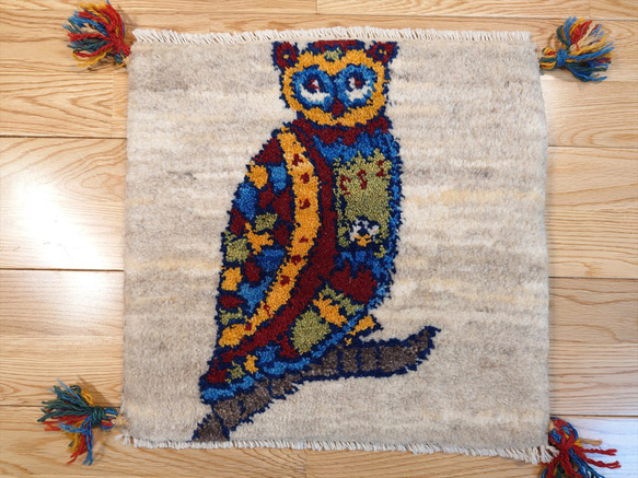 ギャッベ・タッセル付き刺繍ラグ・カーペット 5枚セット ペルシャ ギャッベ ミニマット ラグ 40x39㎝ フクロウ T5836