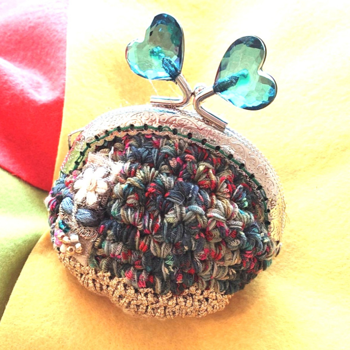 手編みがま口　グリーンハートのあめ玉