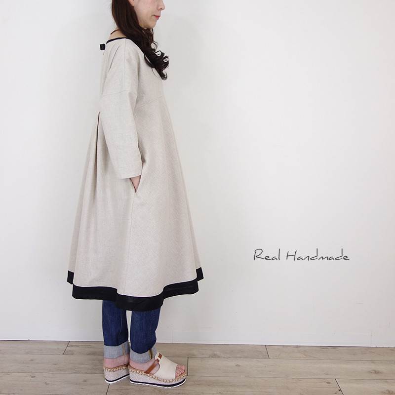 Cocoバイカラー・グログランリボンリネンワンピース（ピン付き）