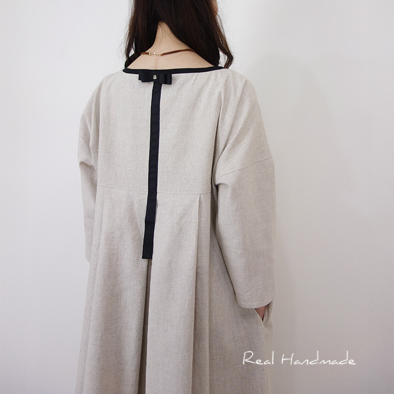 Cocoバイカラー・グログランリボンリネンワンピース（ピン付き）