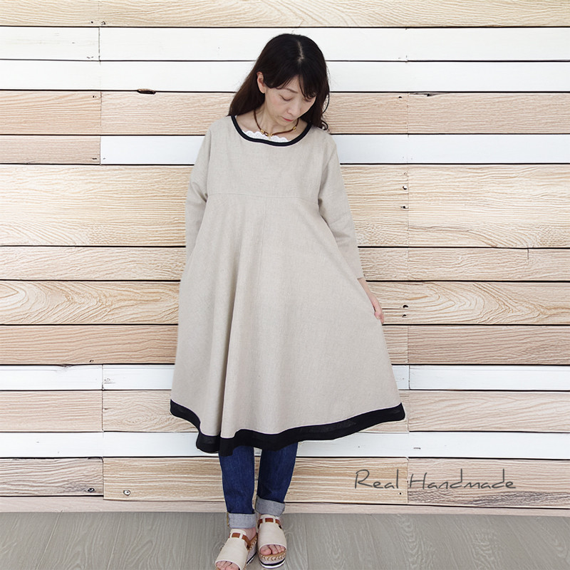 Cocoバイカラー・グログランリボンリネンワンピース（ピン付き）