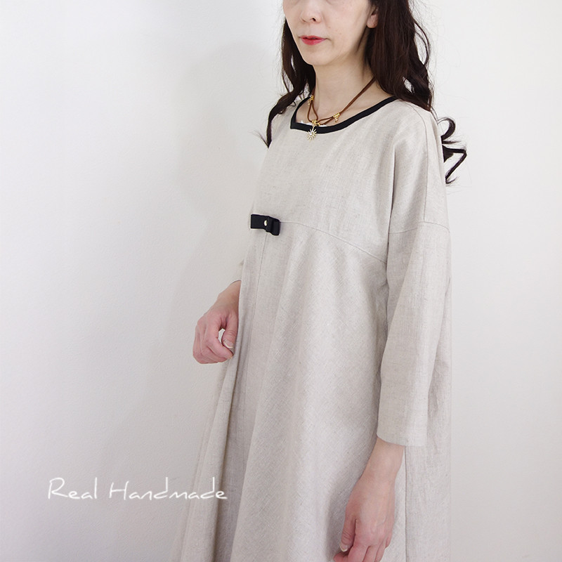 Cocoバイカラー・グログランリボンリネンワンピース（ピン付き）